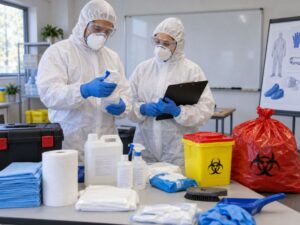 Trainees wearing PPE during practical biohazard cleaning course training with specialist cleaning equipment and waste containers.